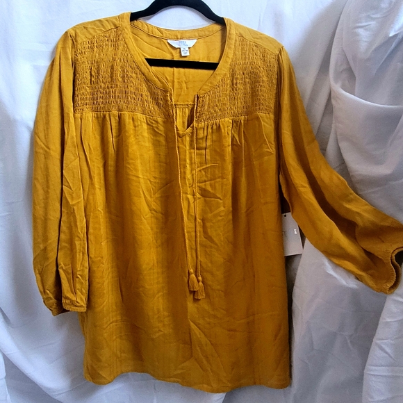 Time and Tru Tops - Time and Tru Gold Tie Front Blouse with Mandarin Collar